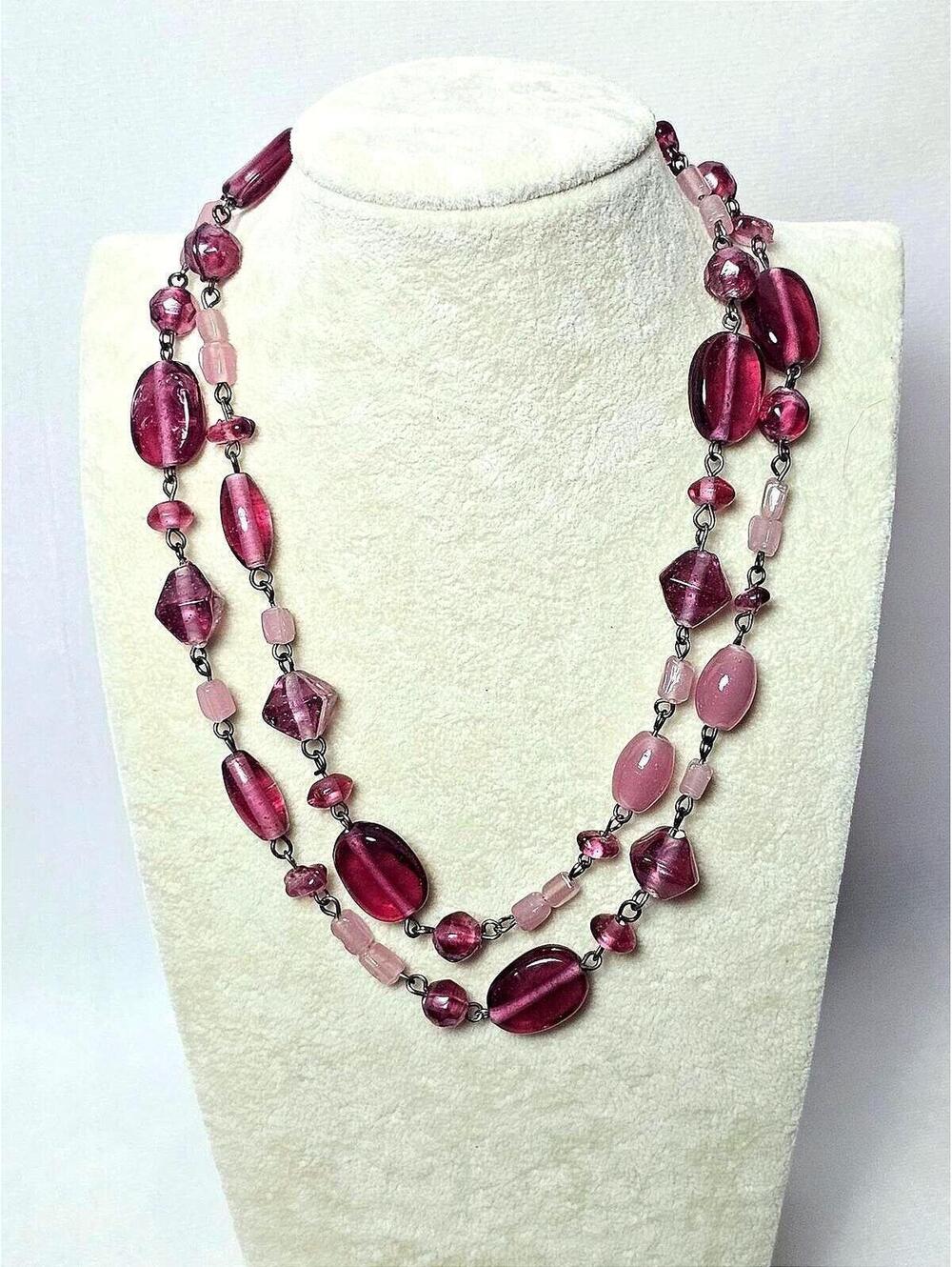 Double Strand Glass Bead Necklace Choker in Multi Pink Hues